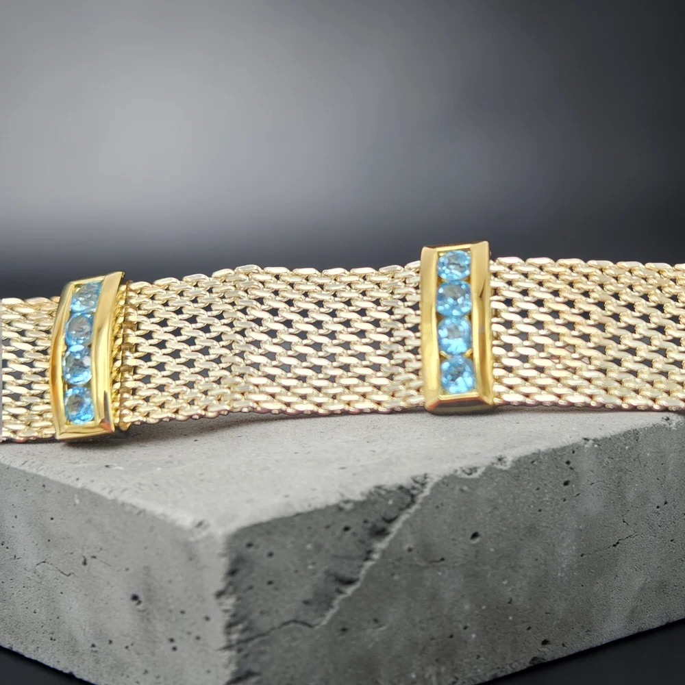Sterling Vermeil Blue Topaz Mesh Bracelet 6.75” 925 Thailand Estate - Picture 3 of 9
